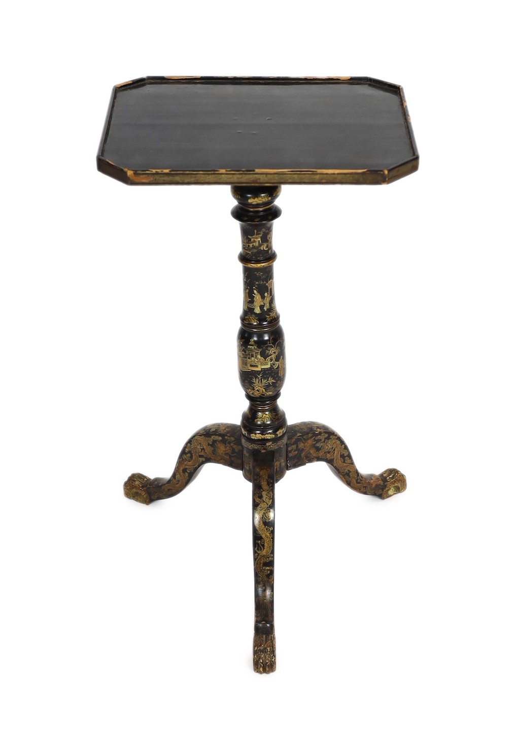 A Chinese export gilt-decorated black lacquer wine table, c.1840, 38 x 31.5cm, height 69cm